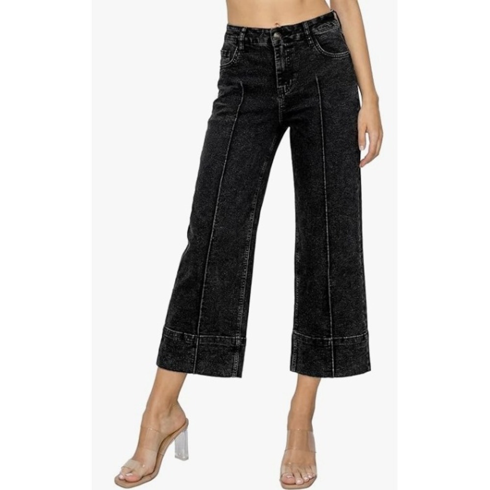 Astylish Wide Leg Jeans Womens 10 Black High Waisted Seam Front Cropped Denim